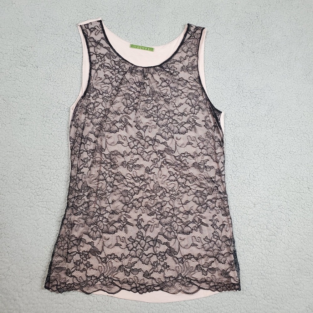Velvet by Graham & Spencer Black Lace Overlay Tank Top Women M Nude Romantic Y2K